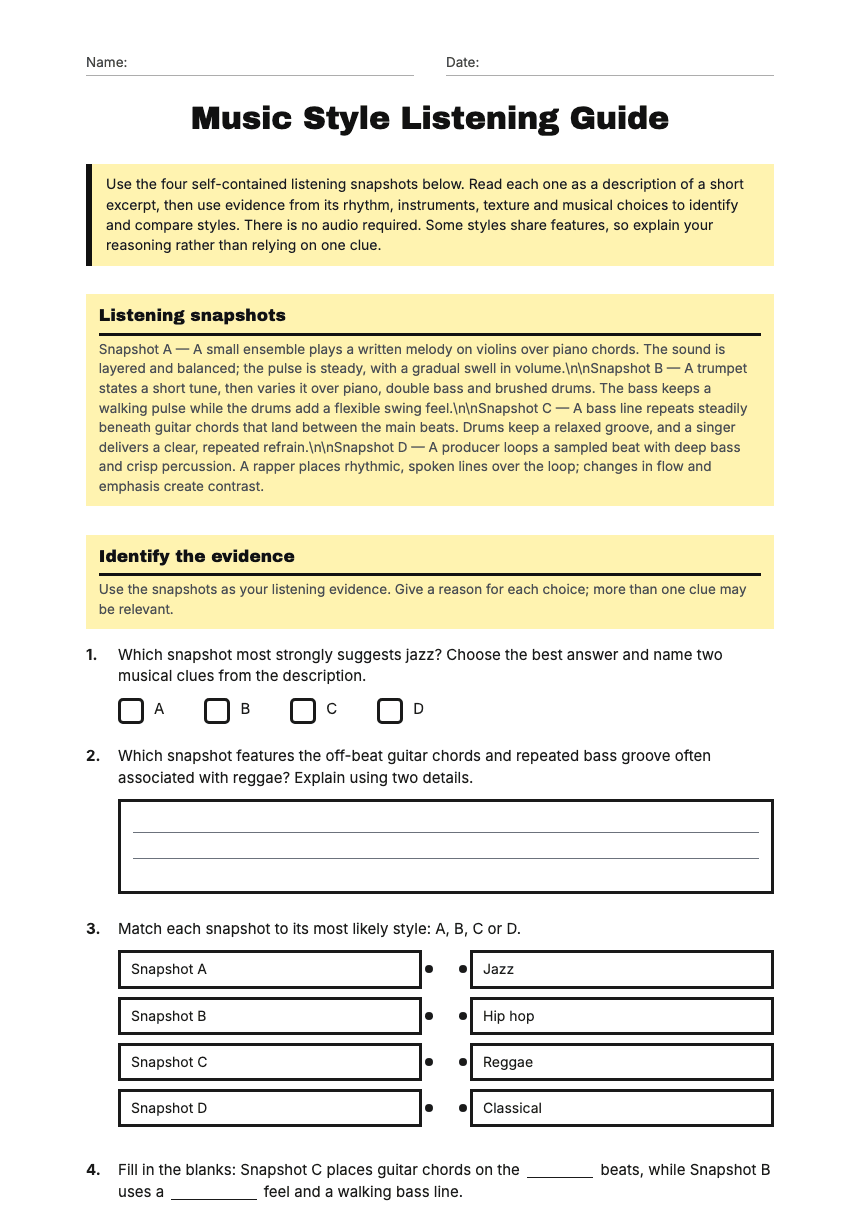 Music Style Listening Guide worksheet preview