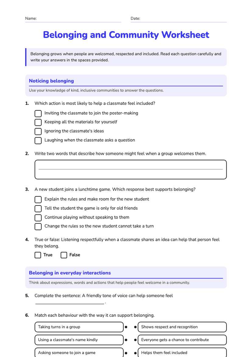 Belonging and Community Worksheet