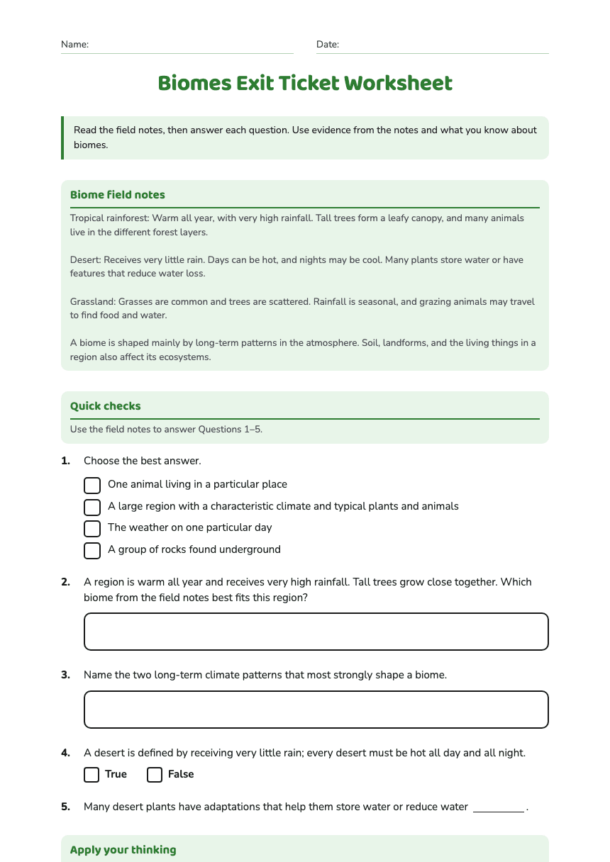 Biomes Exit Ticket Worksheet worksheet preview