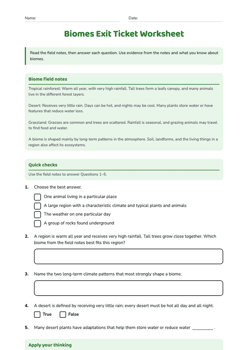 Biomes Exit Ticket Worksheet