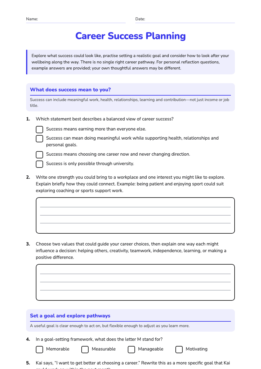 Career Success Planning worksheet preview