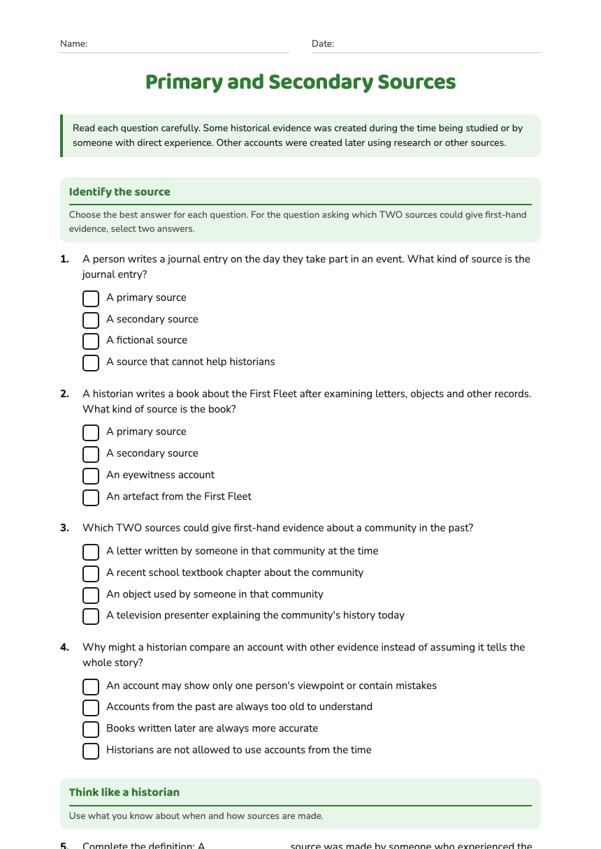 Primary and Secondary Sources worksheet preview