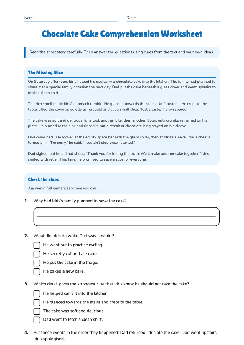 Chocolate Cake Comprehension Worksheet