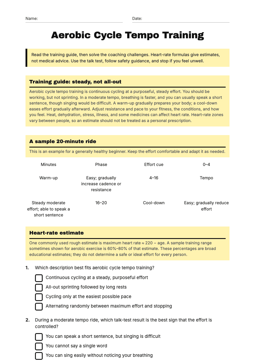 Aerobic Cycle Tempo Training worksheet preview