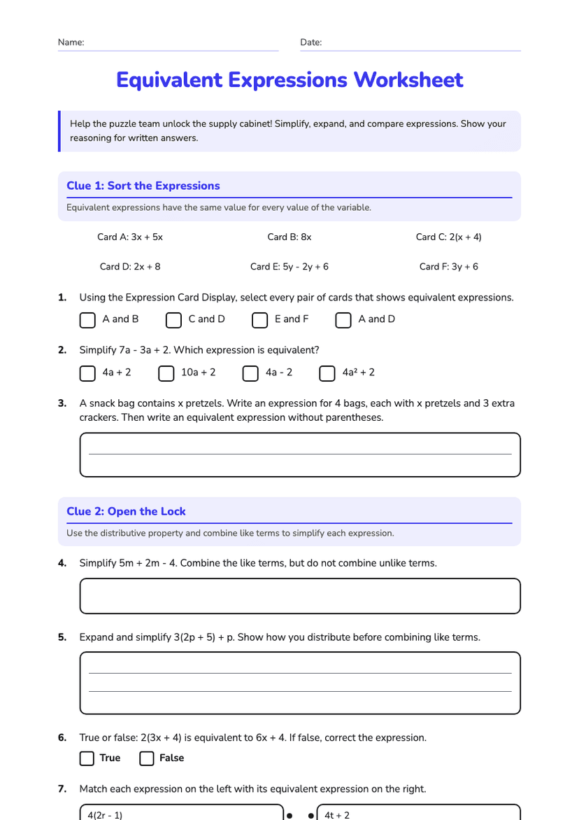 Equivalent Expressions Worksheet