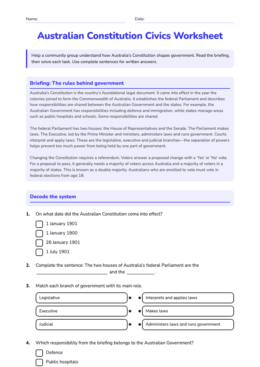 Australian Constitution Civics Worksheet