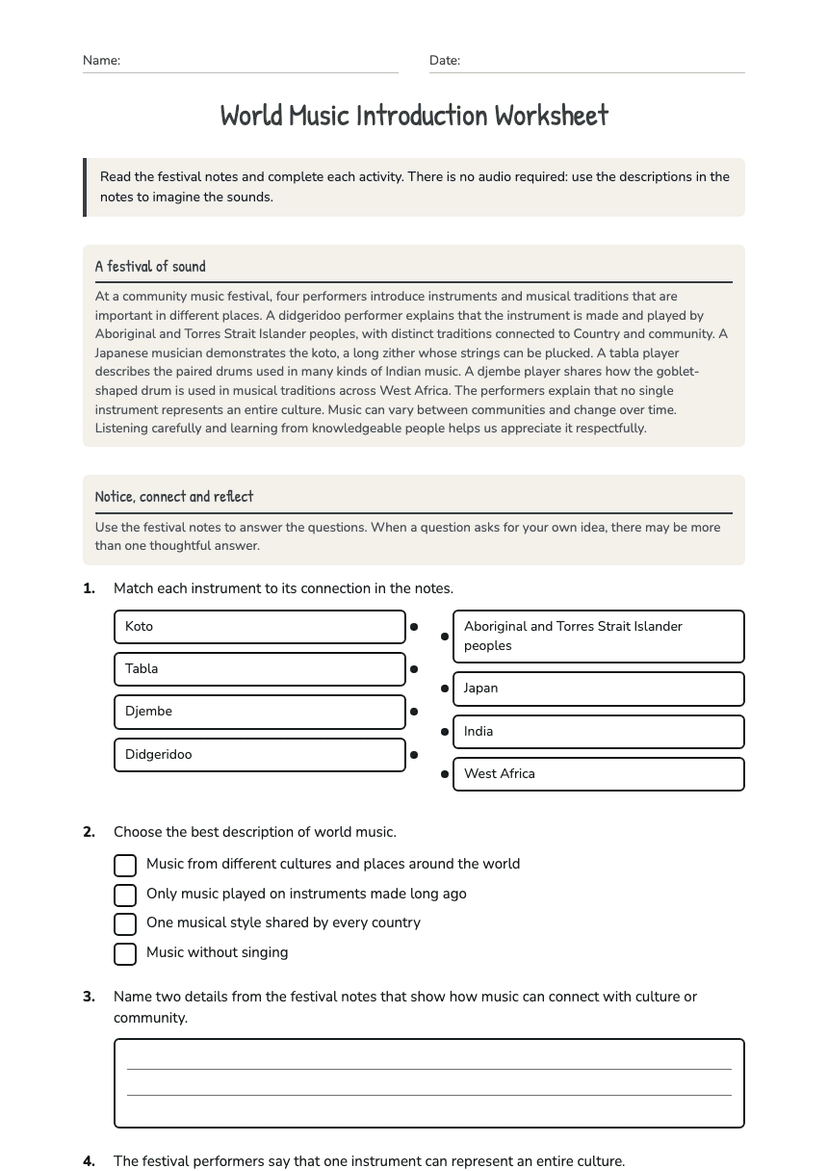 World Music Introduction Worksheet