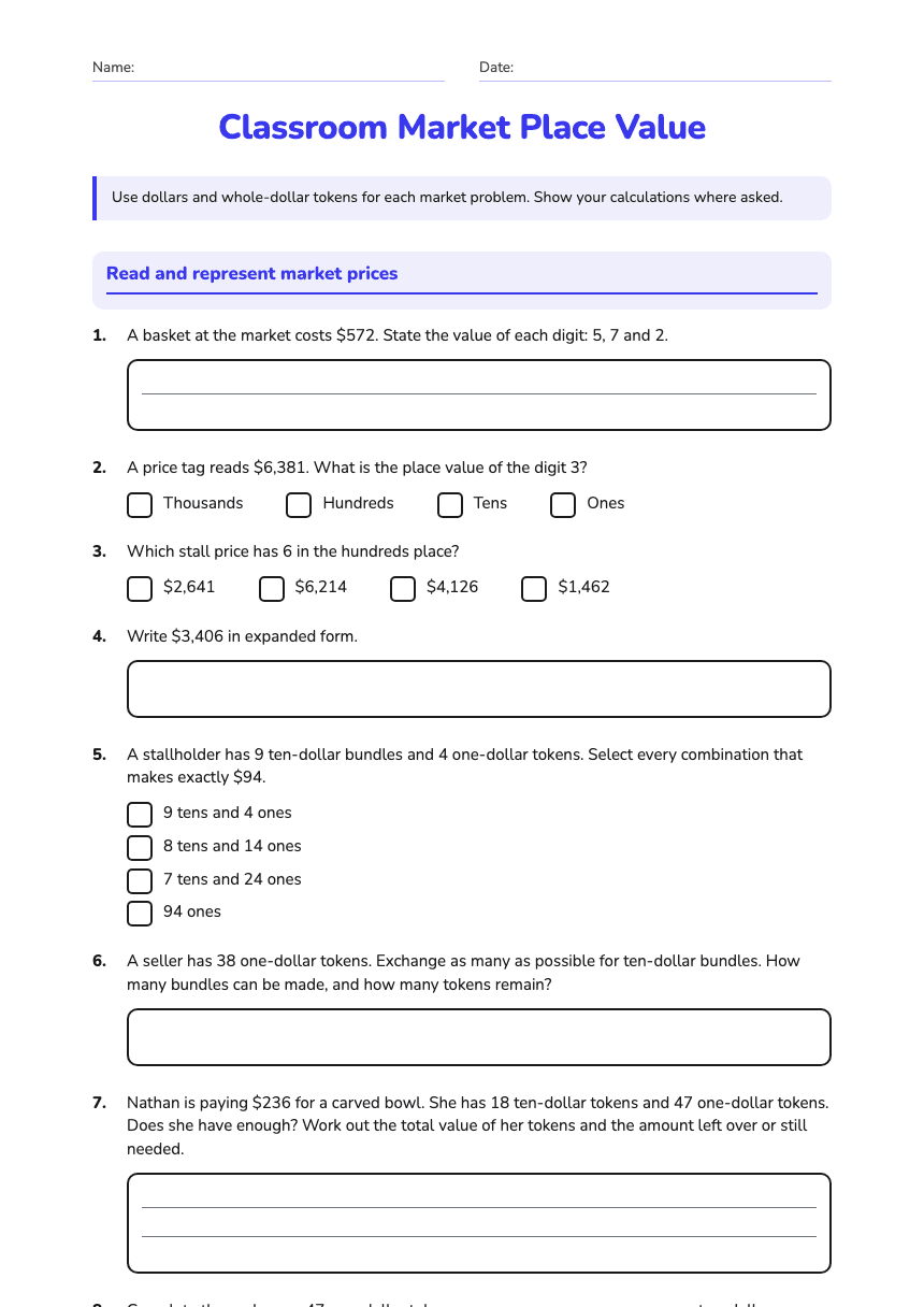 Classroom Market Place Value worksheet preview