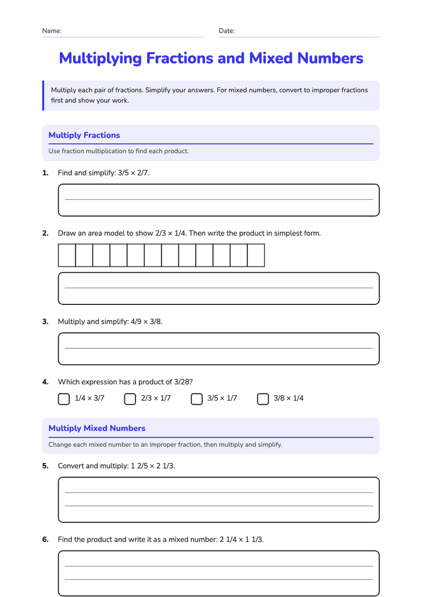 Multiplying Fractions and Mixed Numbers