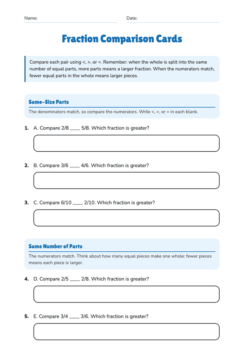 Fraction Comparison Cards