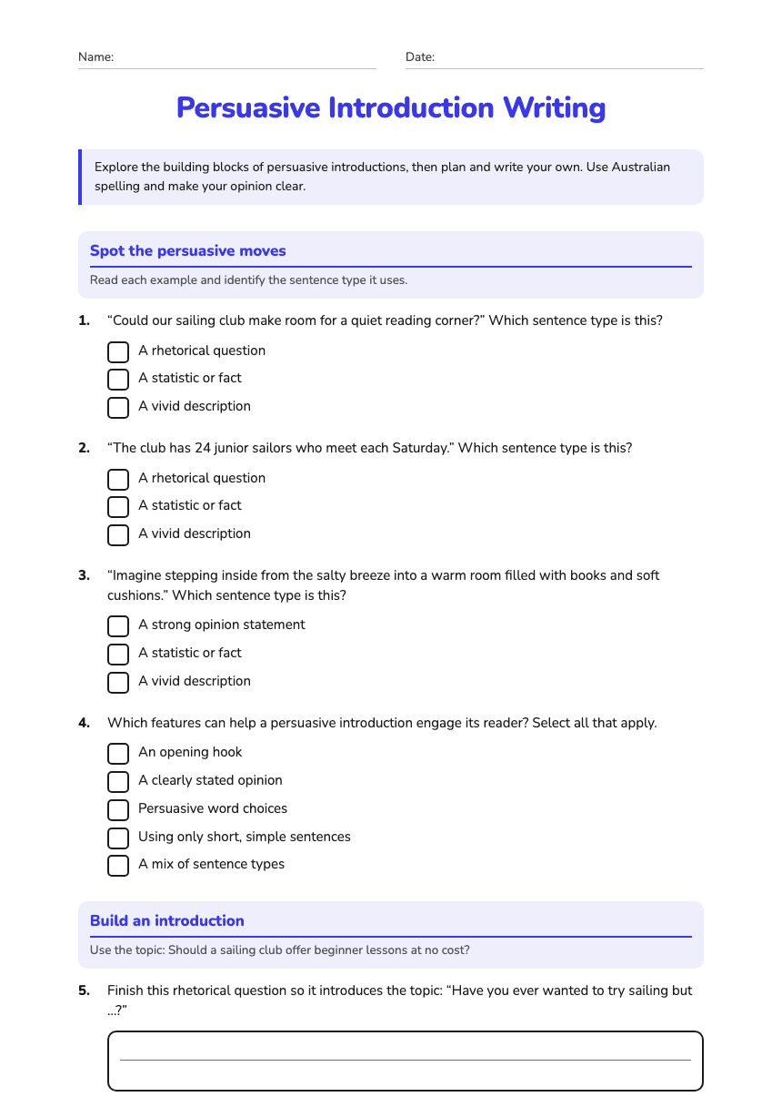 Persuasive Introduction Writing worksheet preview