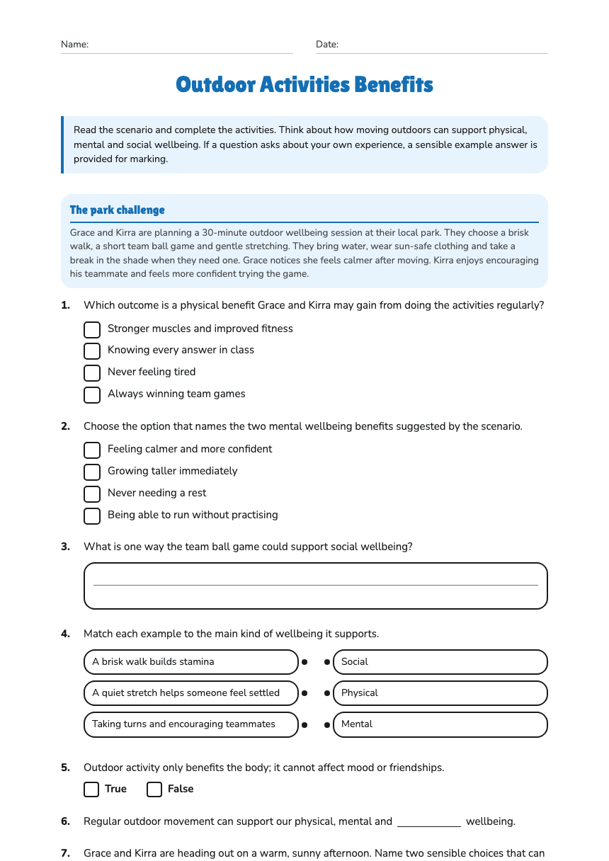 Outdoor Activities Benefits worksheet preview