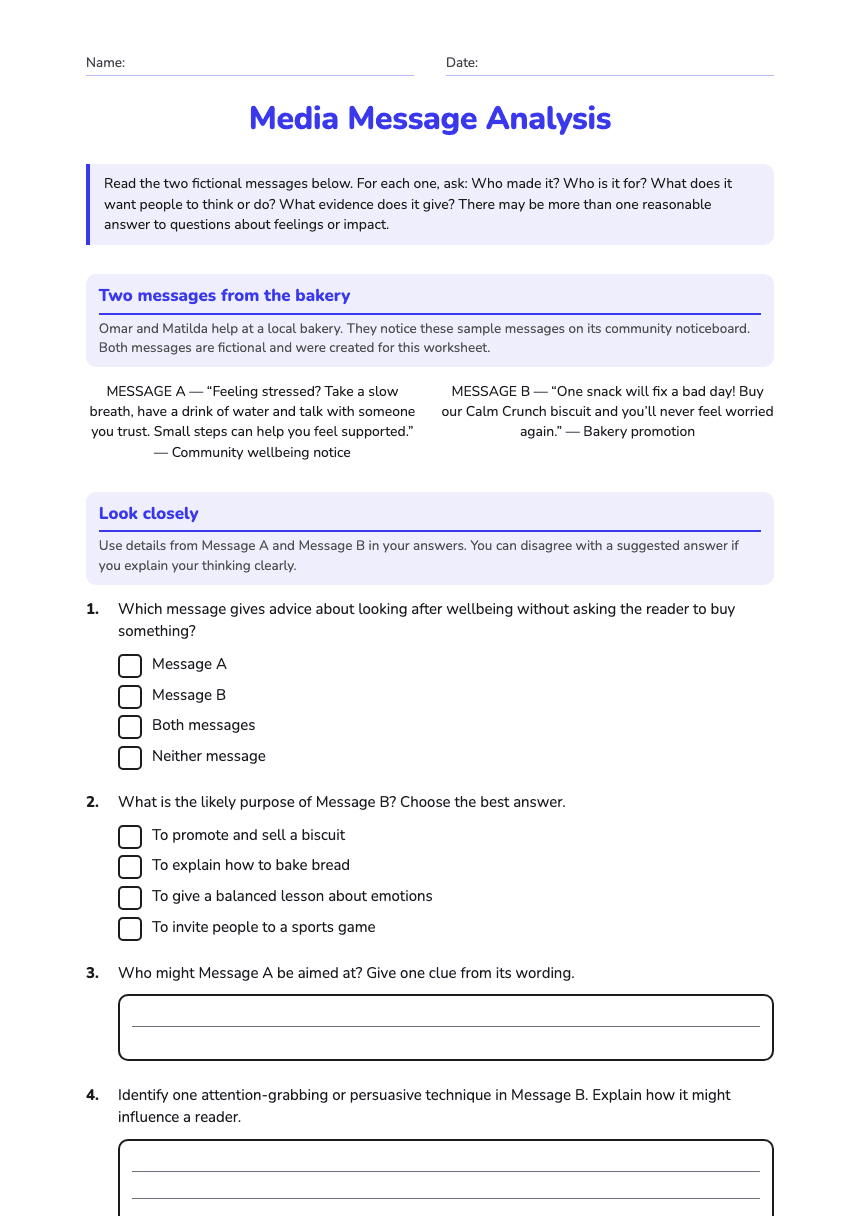 Media Message Analysis worksheet preview