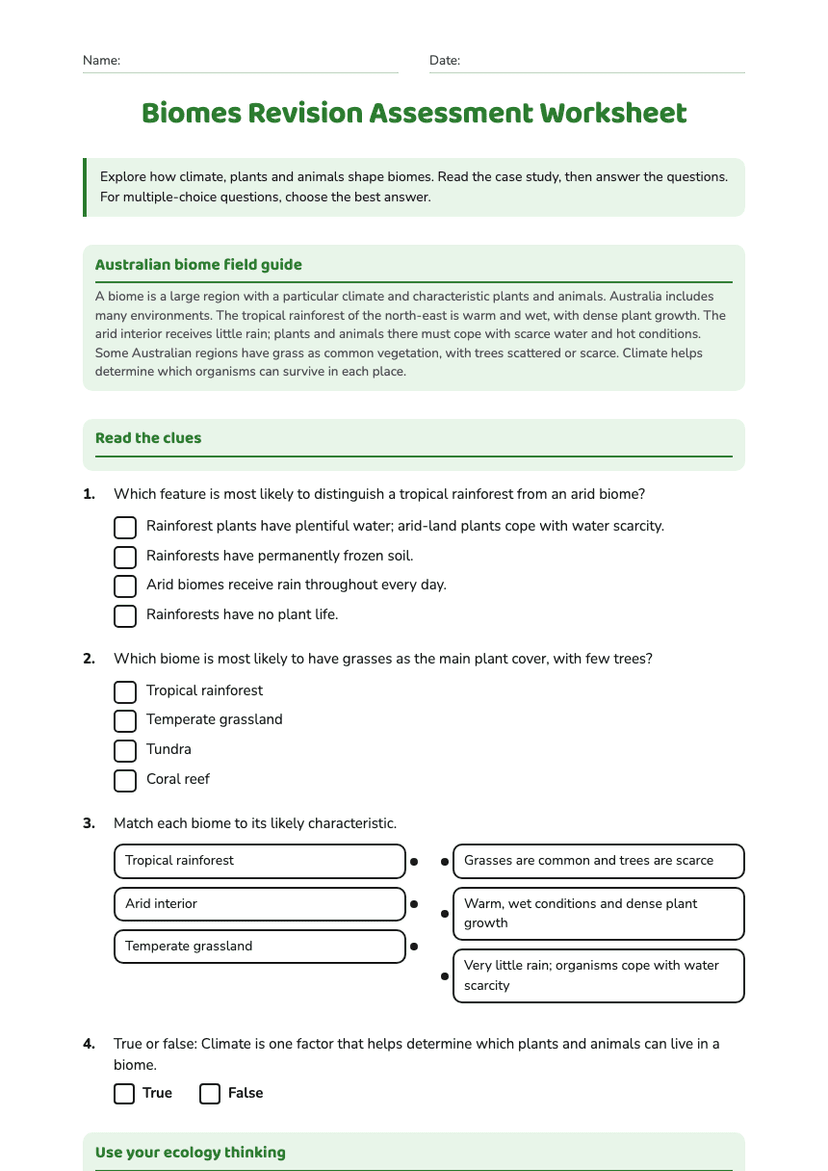 Biomes Revision Assessment Worksheet
