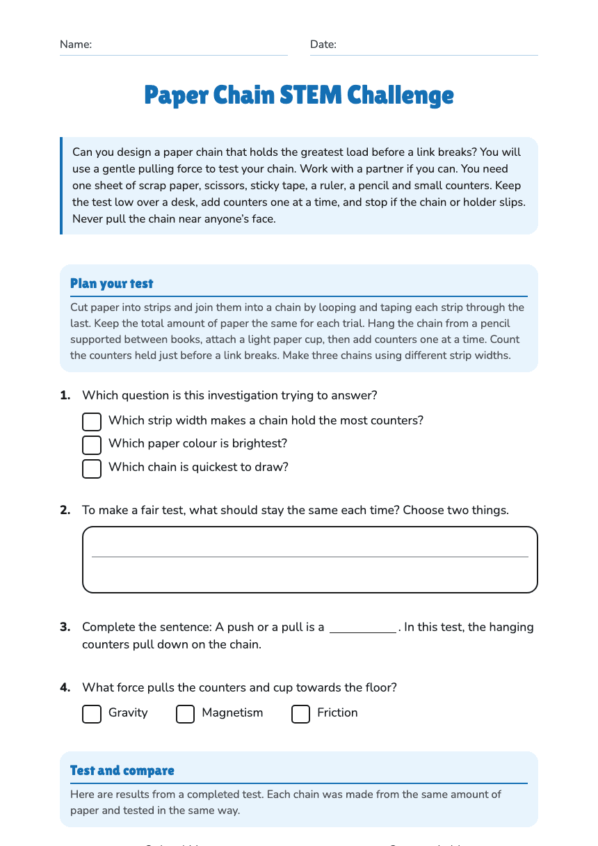 Paper Chain STEM Challenge worksheet preview