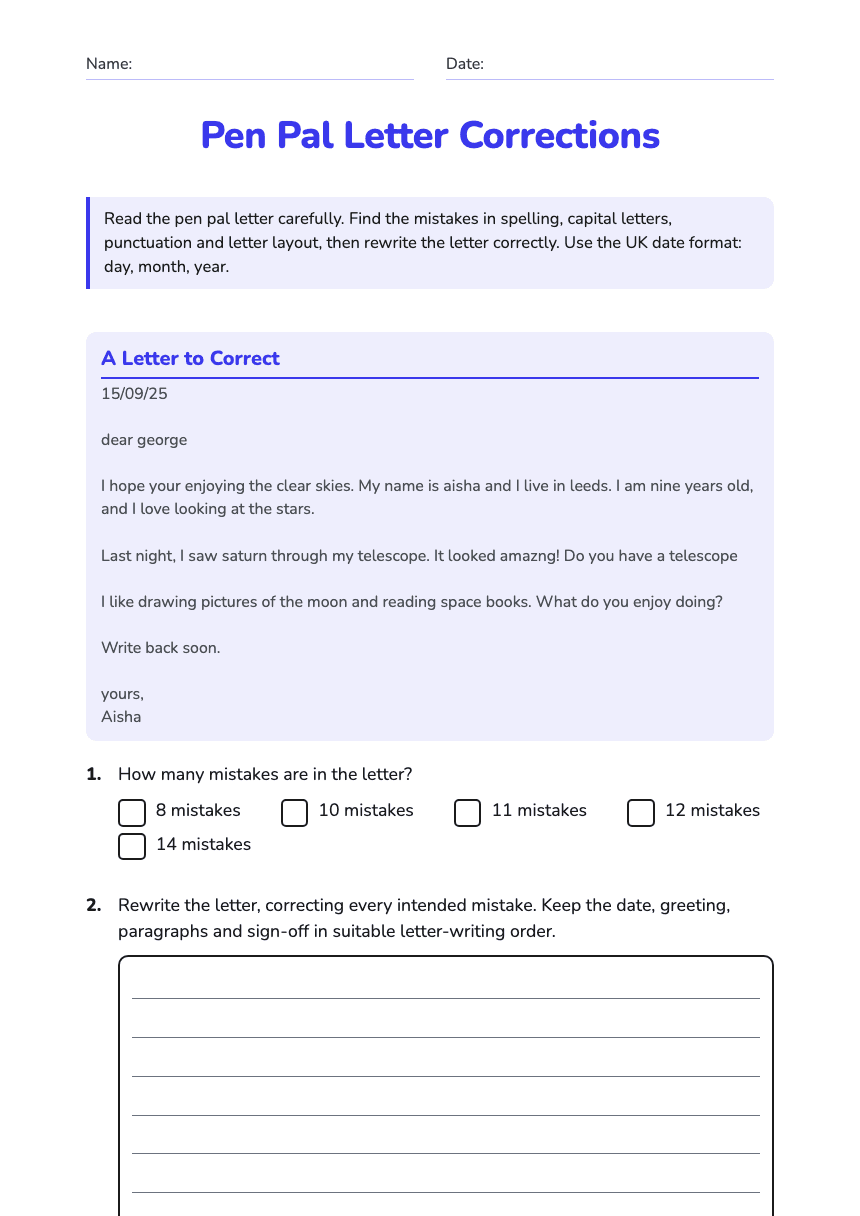 Pen Pal Letter Corrections worksheet preview