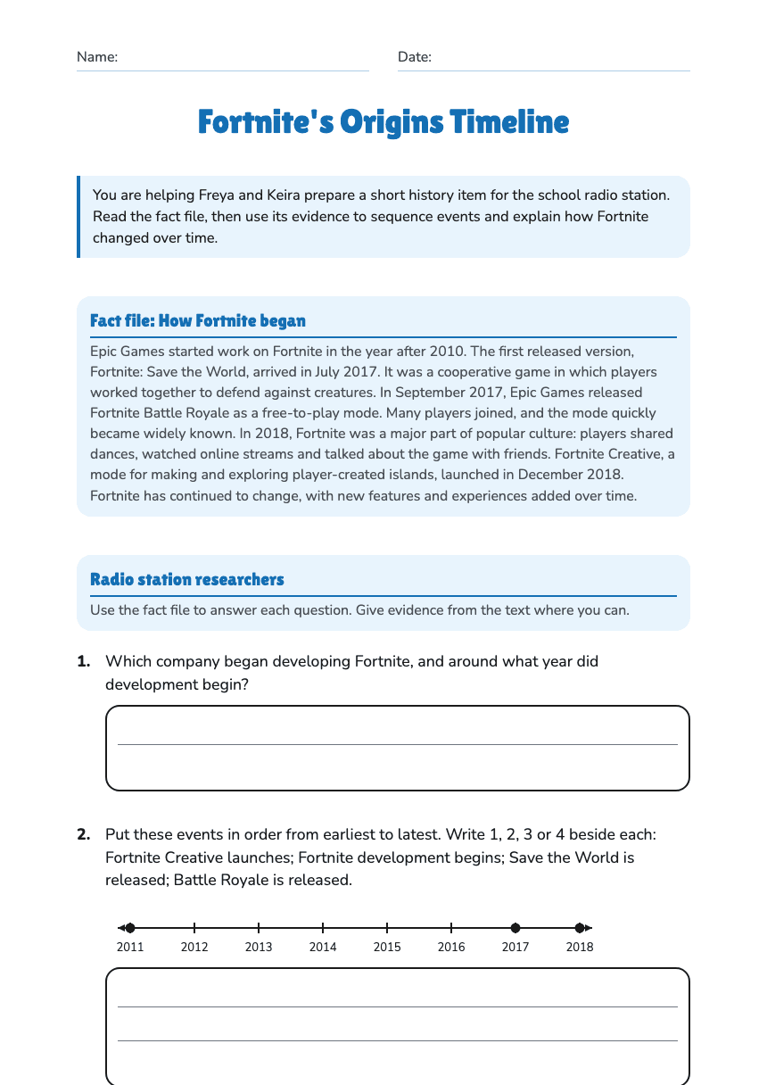 Fortnite's Origins Timeline worksheet preview