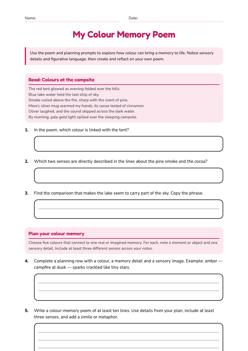 My Colour Memory Poem worksheet preview
