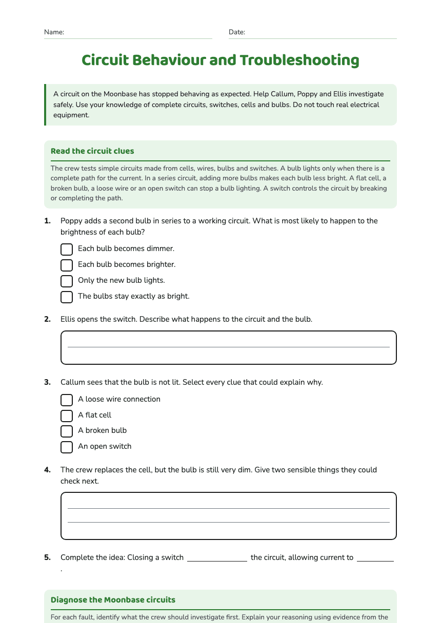 Circuit Behaviour and Troubleshooting worksheet preview