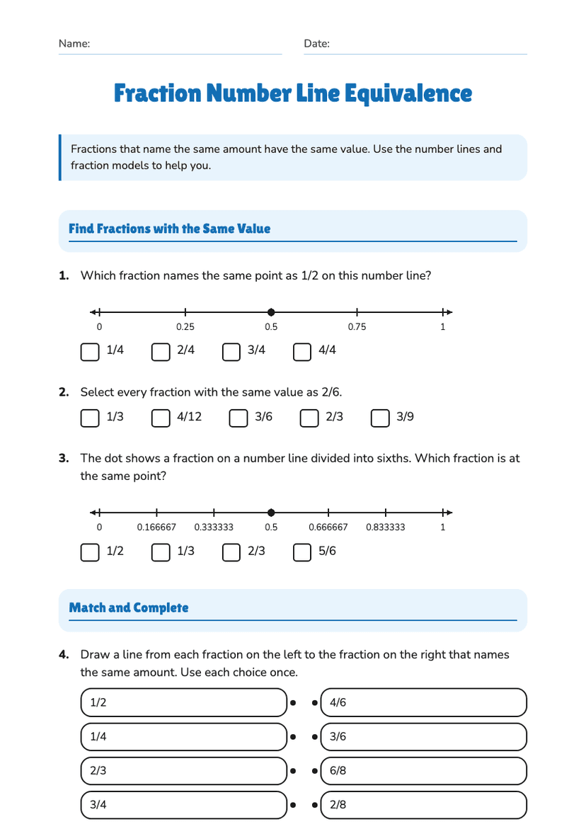 Fraction Number Line Equivalence