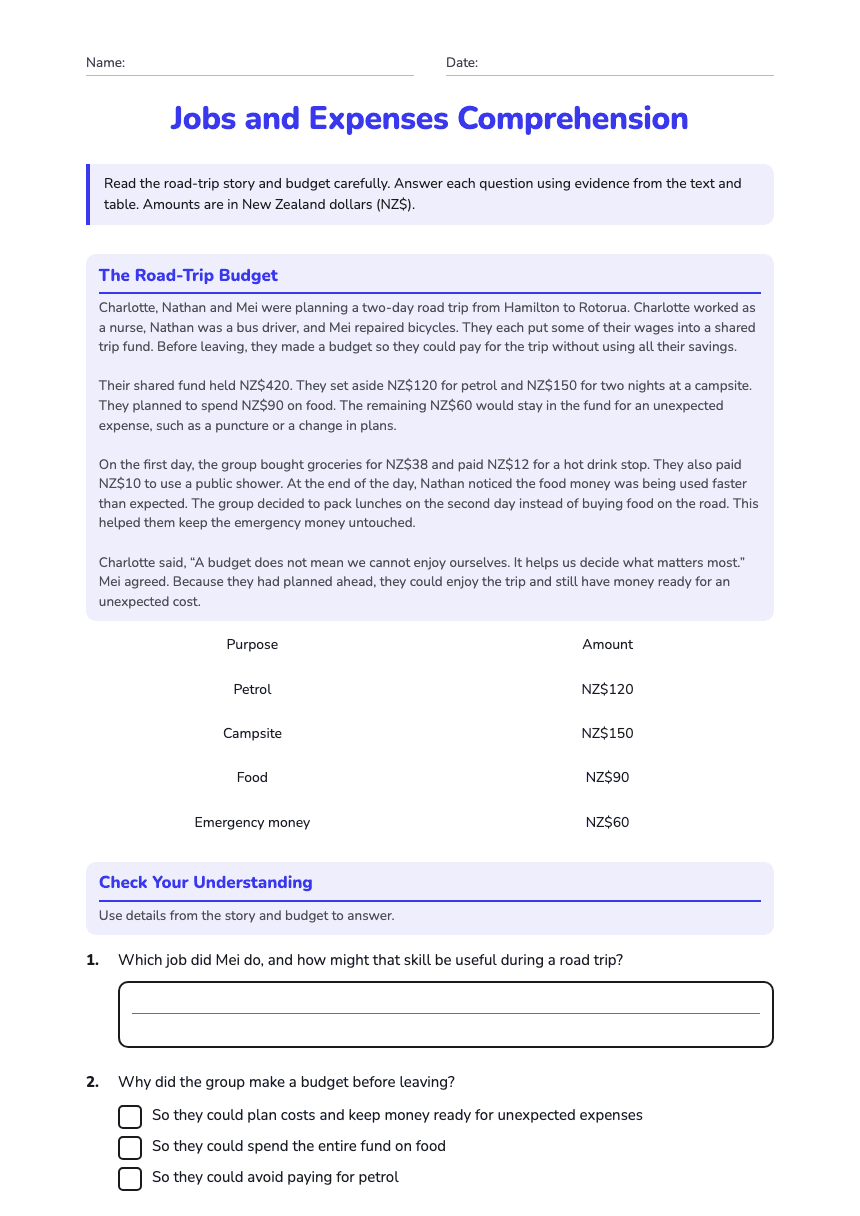 Jobs and Expenses Comprehension worksheet preview