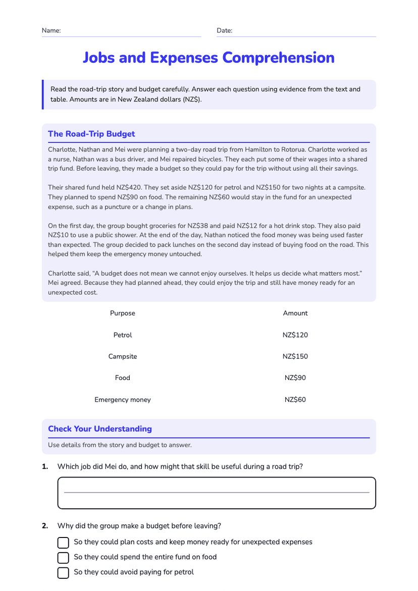 Jobs and Expenses Comprehension