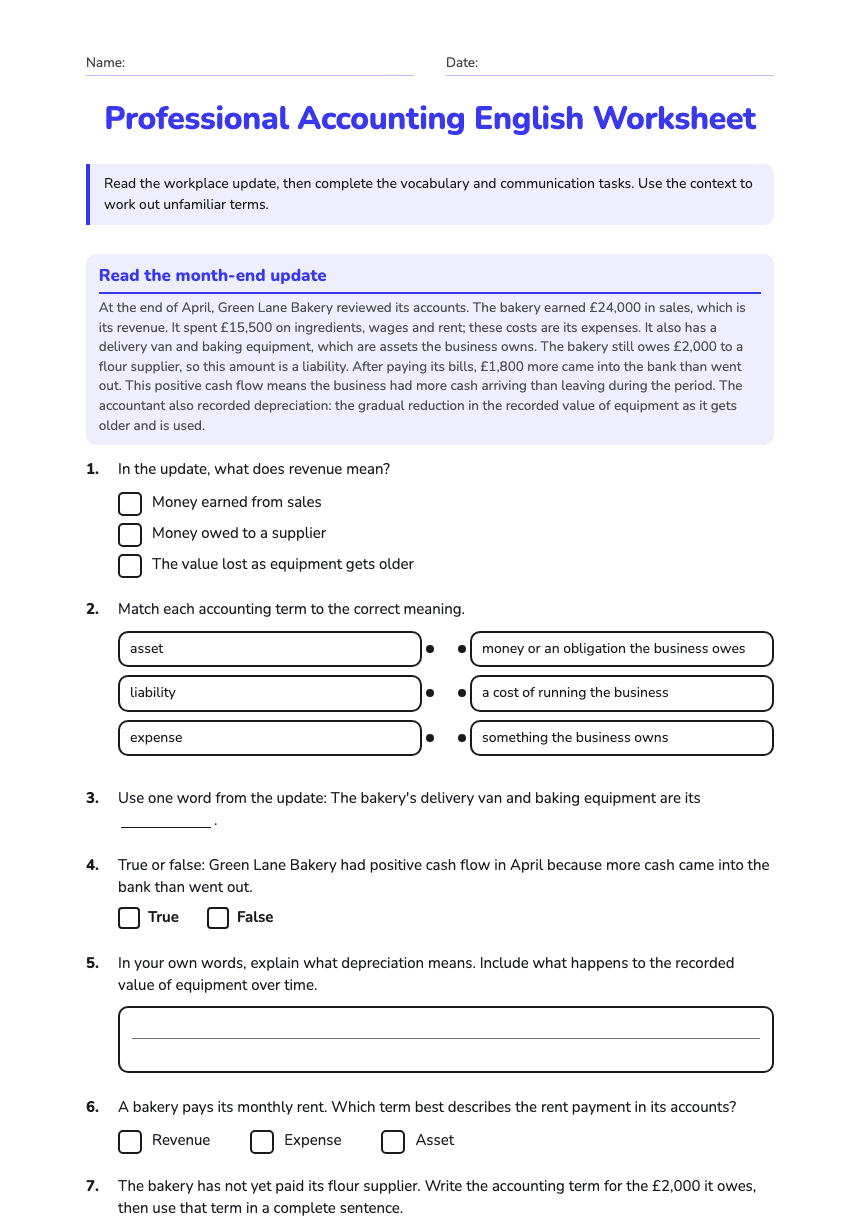 Professional Accounting English Worksheet worksheet preview