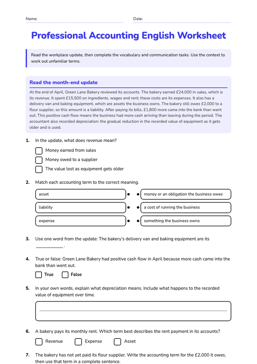 Professional Accounting English Worksheet