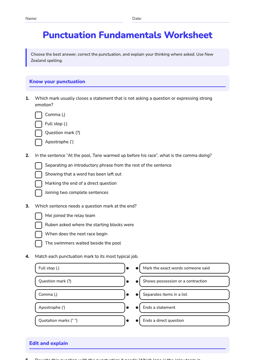 Punctuation Fundamentals Worksheet worksheet preview
