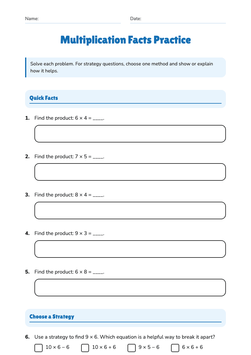 Multiplication Facts Practice worksheet preview