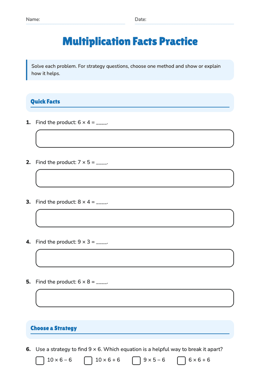 Multiplication Facts Practice
