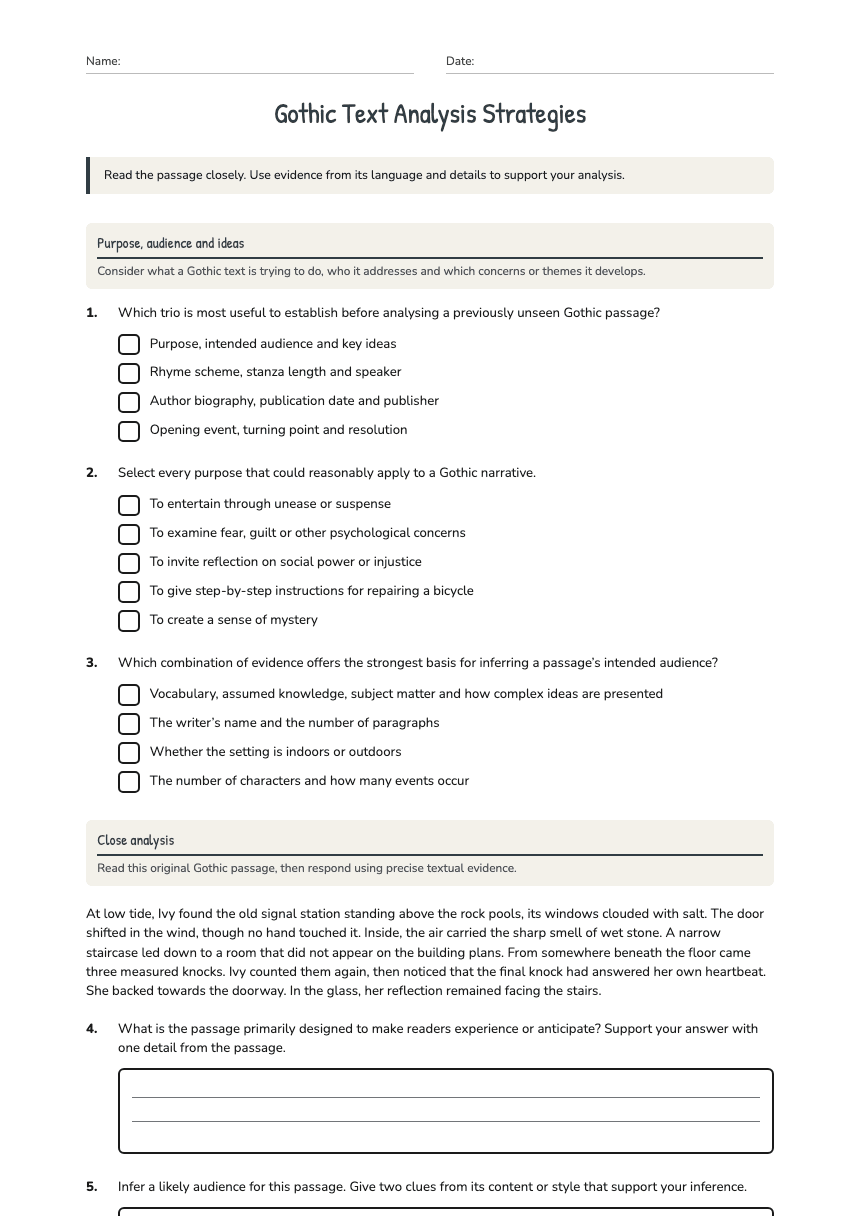 Gothic Text Analysis Strategies worksheet preview