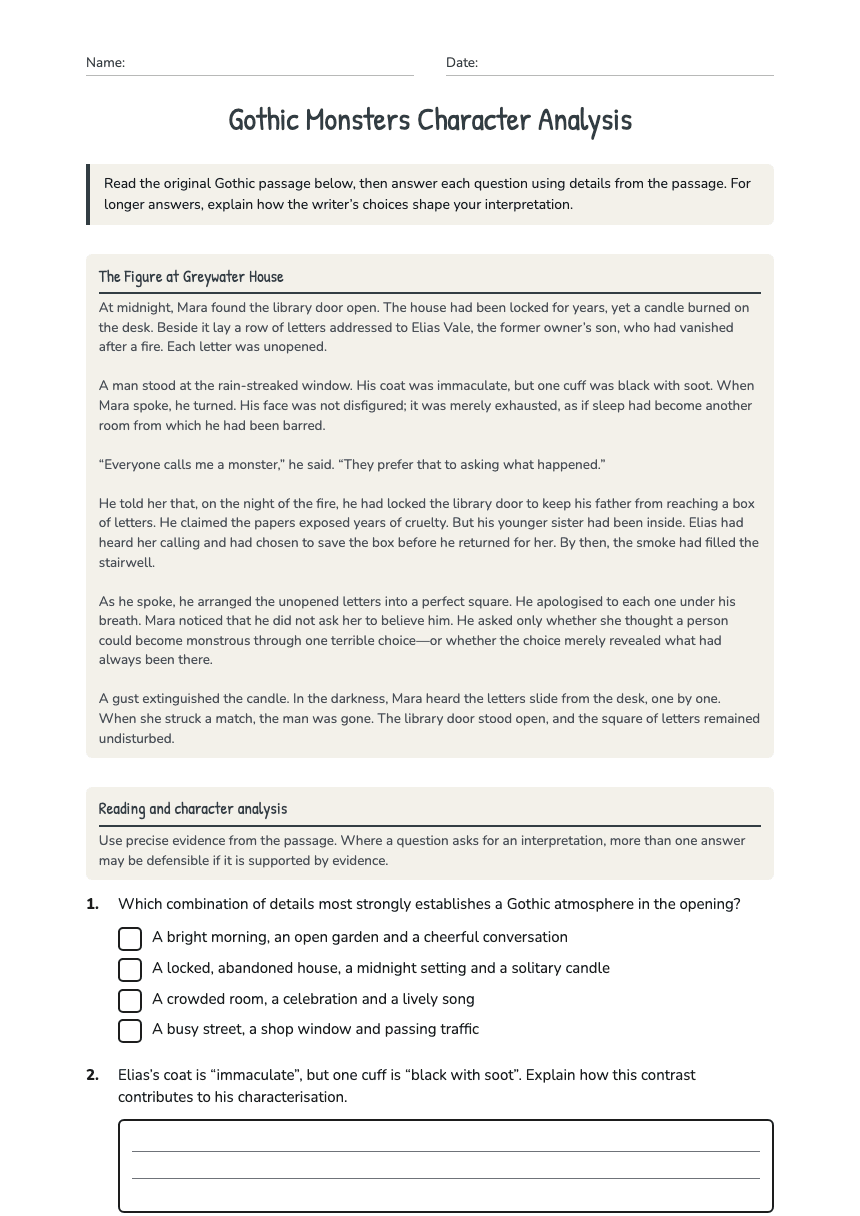 Gothic Monsters Character Analysis worksheet preview