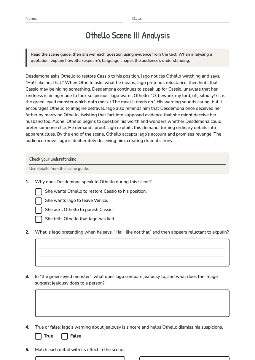 Othello Scene III Analysis worksheet preview