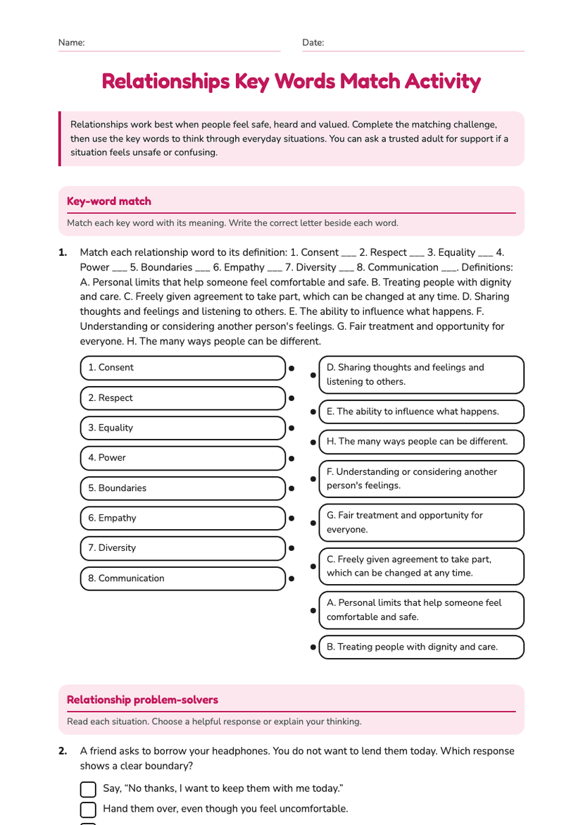 Relationships Key Words Match Activity