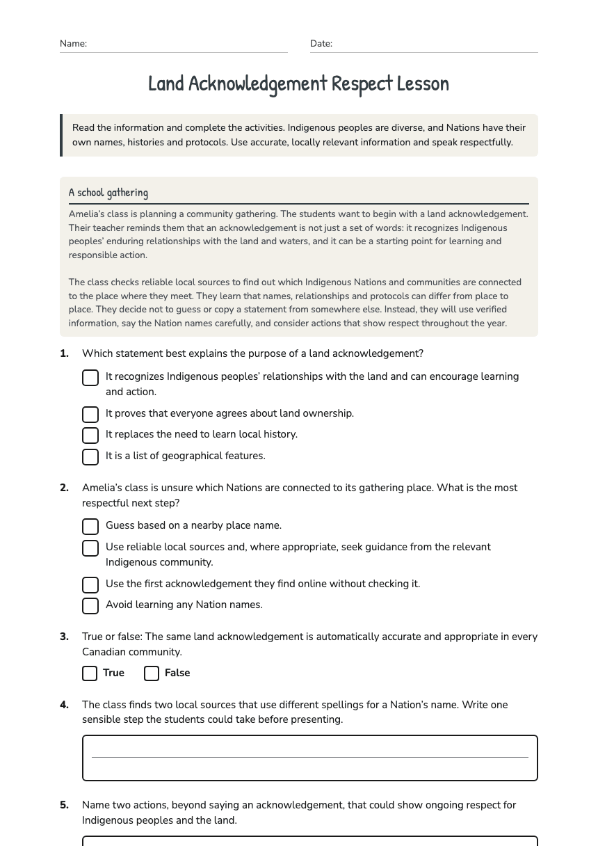 Land Acknowledgement Respect Lesson worksheet preview