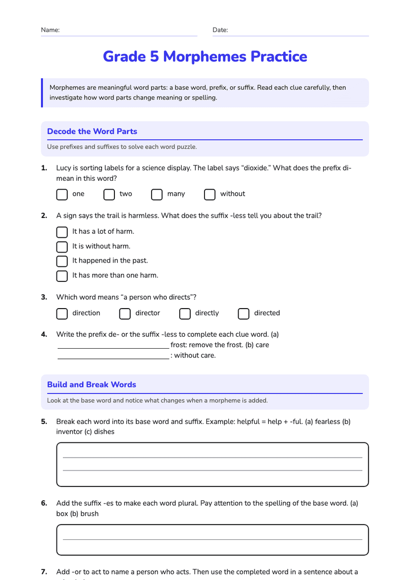 Grade 5 Morphemes Practice