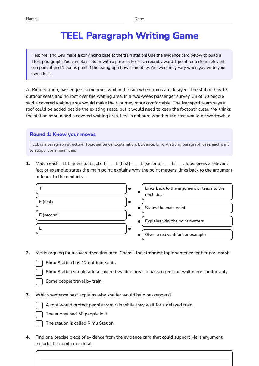 TEEL Paragraph Writing Game worksheet preview