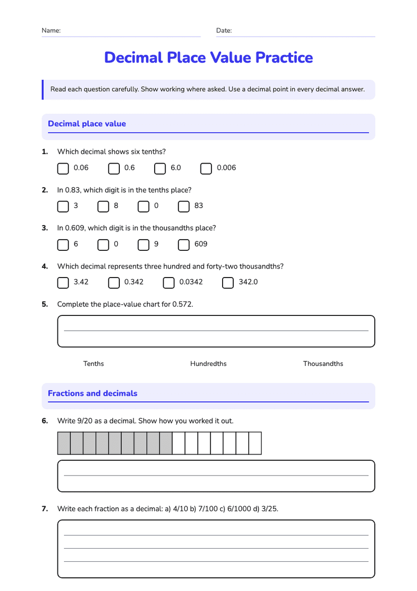 Decimal Place Value Practice