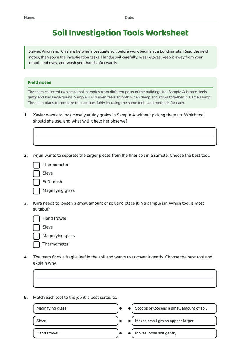Soil Investigation Tools Worksheet