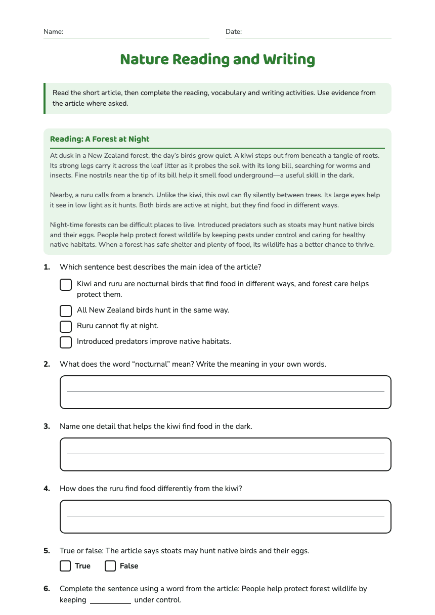 Nature Reading and Writing worksheet preview