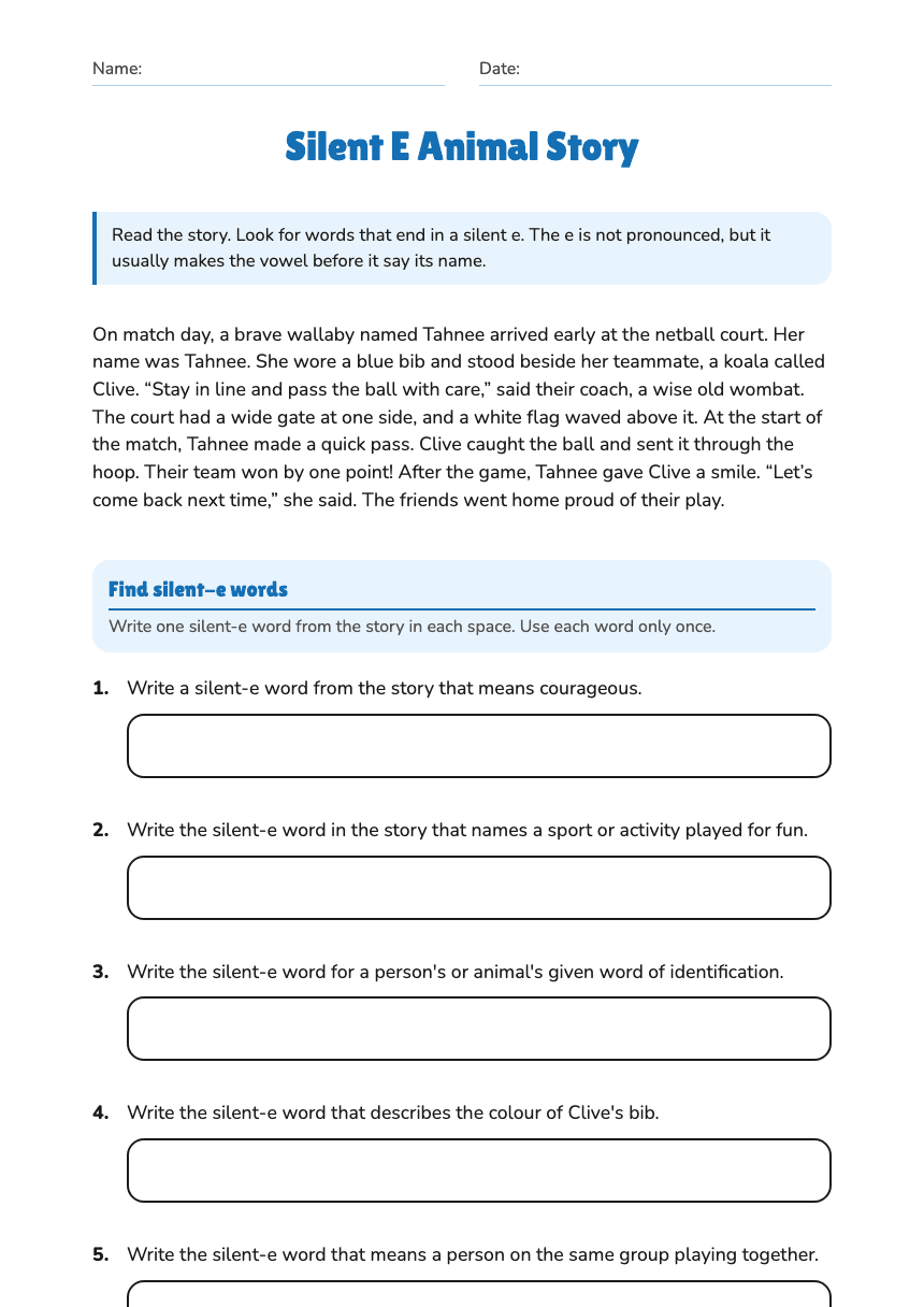 Silent E Animal Story worksheet preview