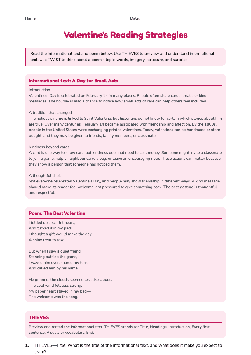 Valentine's Reading Strategies worksheet preview