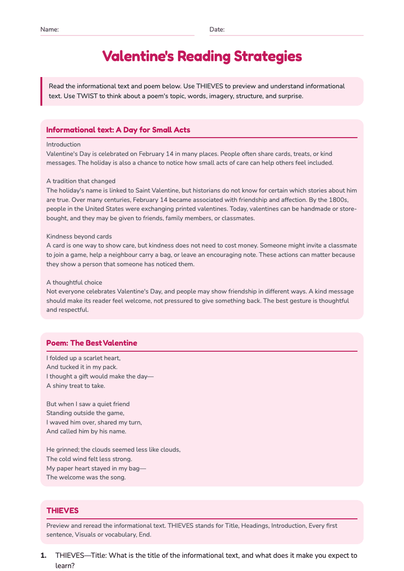 Valentine's Reading Strategies