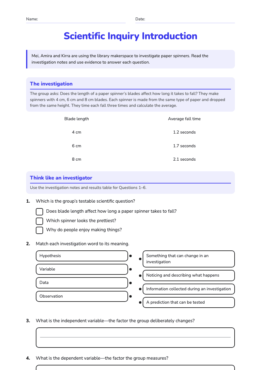Scientific Inquiry Introduction worksheet preview