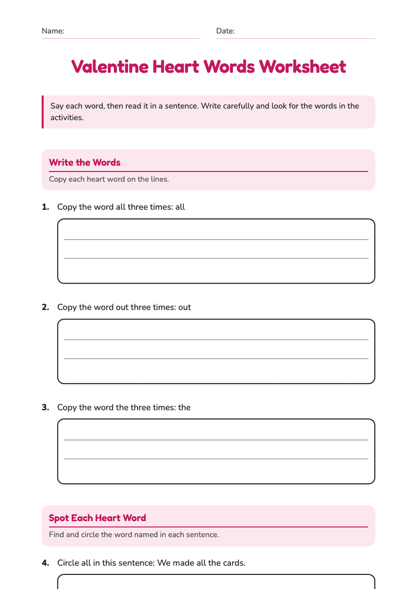 Valentine Heart Words Worksheet