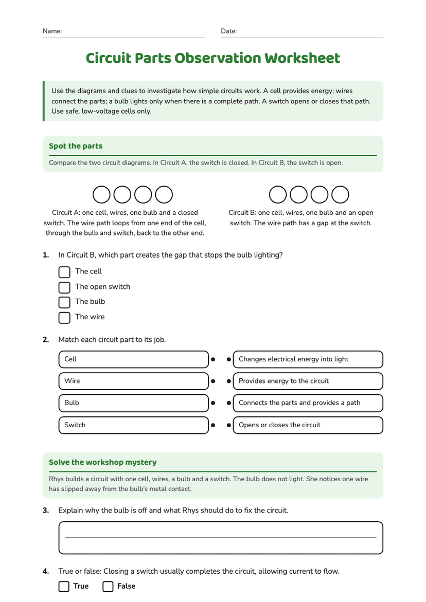 Circuit Parts Observation Worksheet