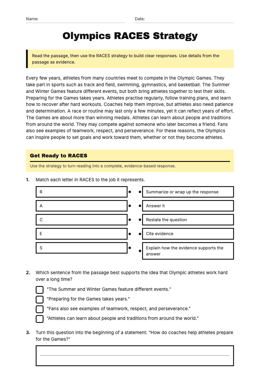 Olympics RACES Strategy worksheet preview