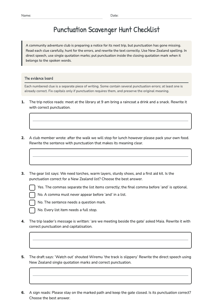 Punctuation Scavenger Hunt Checklist worksheet preview
