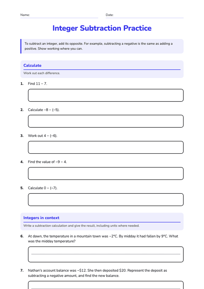 Integer Subtraction Practice
